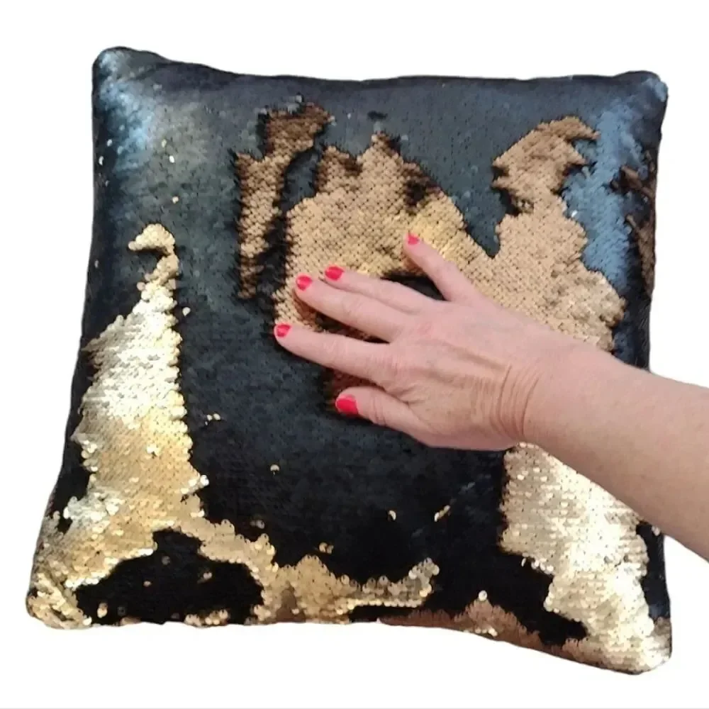 Y2K 2 Square Decor Accent Pillows‎ Black Gold Metallic Sequins Floral